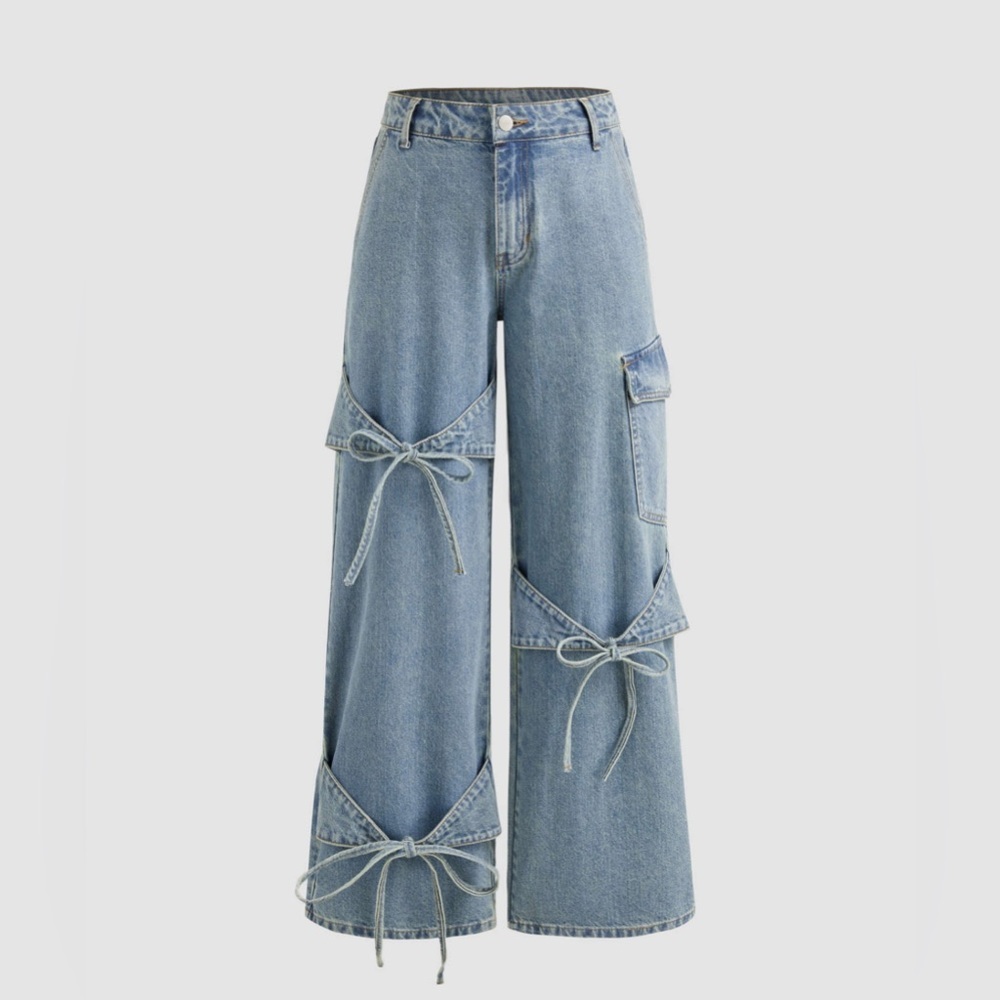 Cider Denim Low Rise Solid Bowknot Pocket Wide Leg Jeans